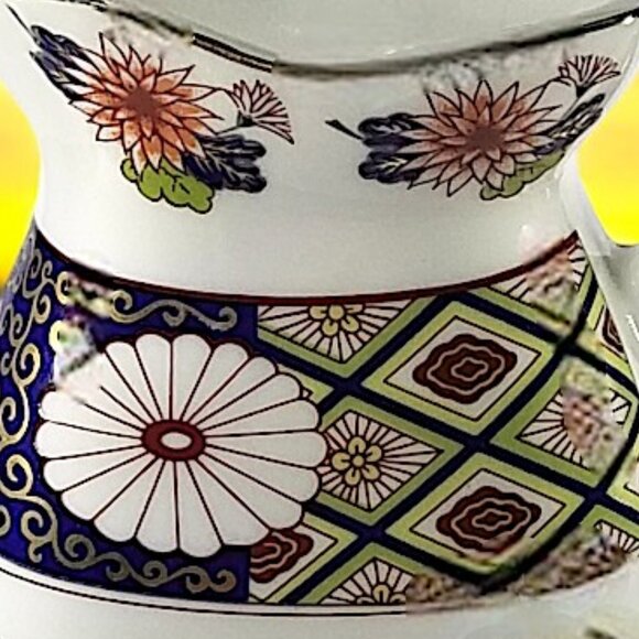 Colorful Japanese Imari Pitcher Multicolor Chrysanthemum & Lotus Flower 9 1/2 in - Picture 14 of 14